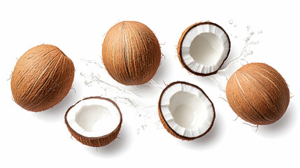 Coconuts cut on white backdrop splashing water. Food product image for advertising