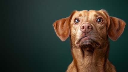 A close-up portrait of a thoughtful dog with curious eyes, set against a vibrant green backdrop, creating a serene and contemplative atmosphere.