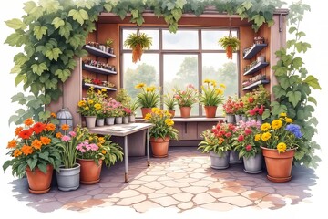 Naklejka premium Colorful Flower Display in a Greenhouse Setting with Potted Plants