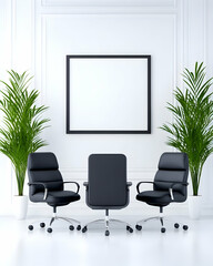 Fototapeta premium Conference setting with three chairs and a picture frame in a modern office
