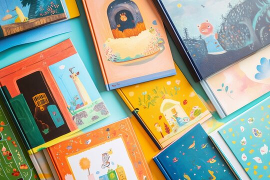 A captivating arrangement of illustrated children's books showcases an array of colorful covers against a bright background, inviting curiosity and joy in a whimsical theme