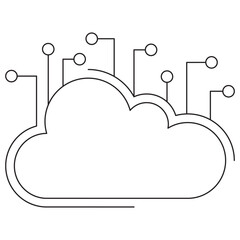Vector icon of a cloud with circuit connections, representing cloud computing and digital technology. Thin black line illustration on a transparent background. Editable stroke width for customization