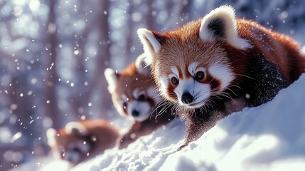 Captivating scene of red pandas frolicking in a snowy forest, showcasing the beauty of wildlife and nature's splendor in a serene winter landscape full of life.