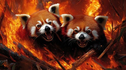 An exhilarating depiction of two red pandas amidst fiery flames, illustrating their fierce nature while highlighting the contrast between beauty and danger in the environment.