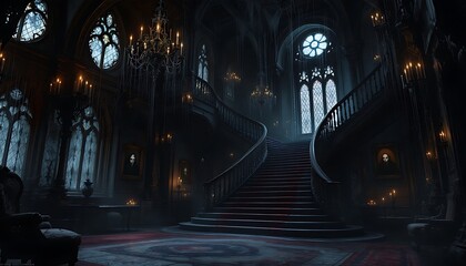 Grand Gothic Staircase in Spooky Manor Lit by Candles and Moonlight