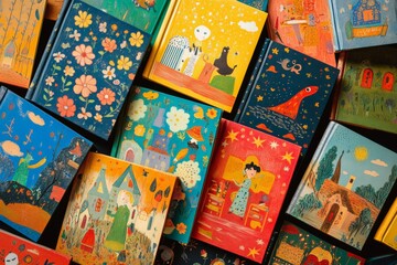 A vibrant flat lay showcases children's books with imaginative covers, featuring whimsical designs rich in color and creativity, ideal for inspiring young readers' adventures