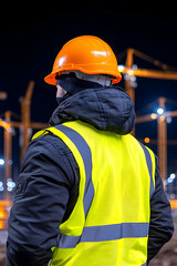 Obraz premium Construction worker looks at cranes at night. Construction site safety concept