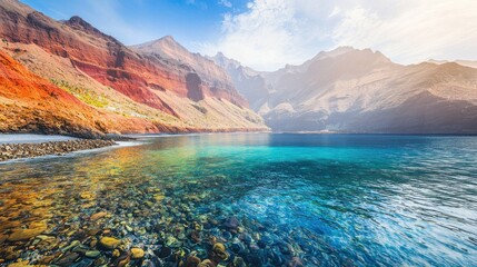Obraz premium Volcanic beach, Tenerife, clear water, mountains reflecting in turquoise water