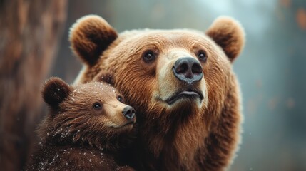 Fototapeta premium A heartwarming scene of a mother bear and her cub nestled close together in a forest, emphasizing themes of nurturing, family bonds, and the beauty of nature.