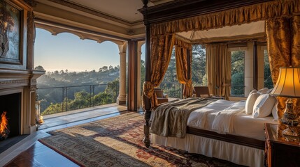 Opulent master bedroom features scenic balcony view and fireplace