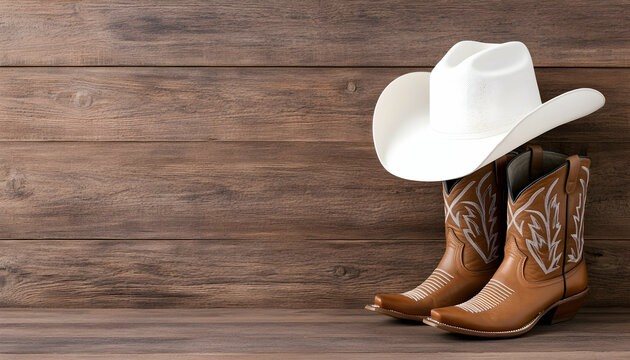Cowboy hat and boots on wooden background. Travel, or country theme imagery