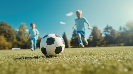 Fototapeta premium People playing soccer game in field.