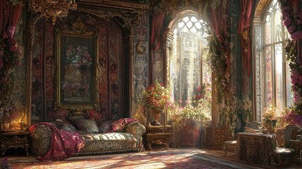 Obraz premium Lavishly decorated interior with sunlight streaming through ornate windows