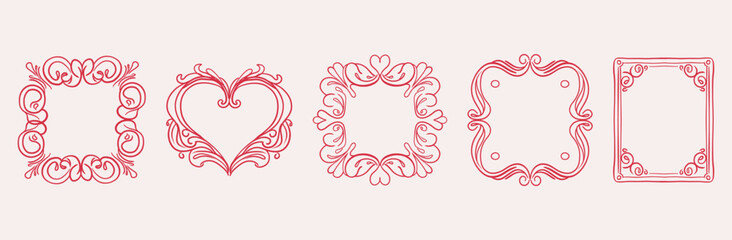 Coquette ink minimal hand drawn line art illustrations of vintage frames with ribbons, decorative flourishes, elegant, whimsical, romantic design, vector style, floral accents, greeting card 