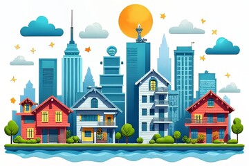 Fototapeta premium Colorful Illustration of a Cityscape with Skyscrapers and Houses