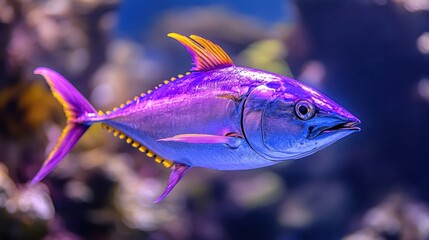 Vibrant tuna swims aquarium reef background