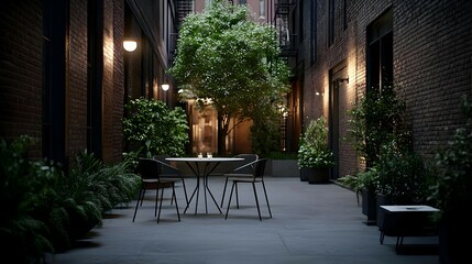 Obraz premium Empty Courtyard With Table And Chairs At Night