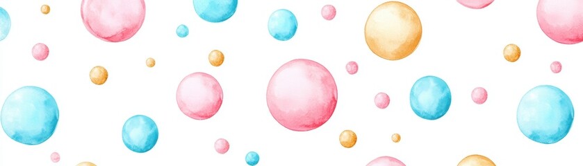 A vibrant pattern featuring colorful watercolor bubbles in pink, blue, and gold against a white backdrop, This design can be utilized for invitations, stationery, or playful branding projects,