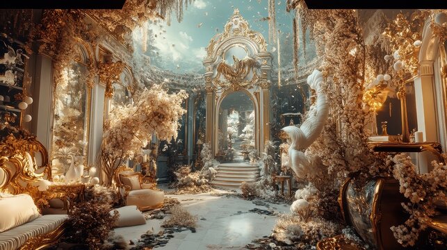 Opulent golden hall intertwined with blossoms and ornate decor