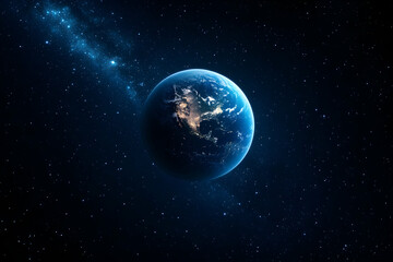 Obraz premium Earth in space, illuminated by sunlight, surrounded by stars, creating a cosmic view