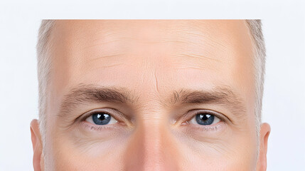 Elderly man's face, close-up of eyes looking forward, plain white background for various purposes