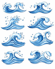 Eight illustrations of water waves rolling and splashing against white background