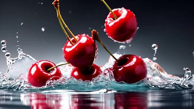 red cherries falling into water splash