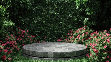 Obraz premium Marble podium in green hedge garden with dense foliage and natural textures. Elegant outdoor display stand.