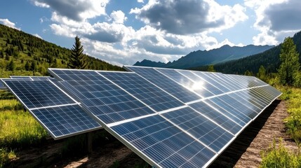 A row of solar panels reflects sunlight, highlighting the blend of technology and nature in harmony, emphasizing progress towards sustainable energy and environmental awareness.