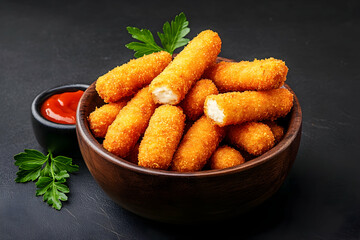 Fish sticks in bowl with tomato sauce for a quick snack on a dark background