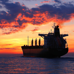 Cargo ship silhouette sails on calm ocean waves at sunset with fiery sky.