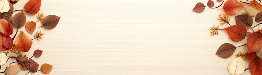 Naklejka premium A serene background featuring artfully arranged autumn leaves on a delicate texture, ideal for seasonal promotions, invitations, or nature-themed designs, Perfect for adding warmth to any project,