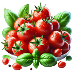 Fototapeta premium Fresh Cherry Tomatoes on Vine Isolated on White - Cluster of bright red cherry tomatoes still attached to vine with green leaves. Professional produce photography showing garden freshness.