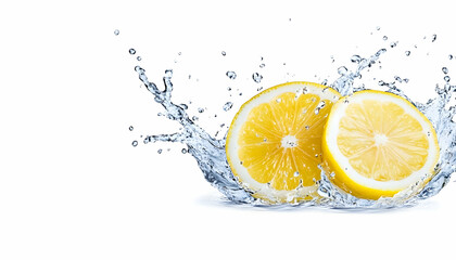 Fresh lemon halves splashing in water, white background, healthy drink concept
