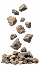 Falling rocks pile up on white. Geological study, construction material concept