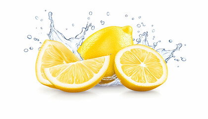 Fresh lemons in water splash, isolated on white background, ads for juice products