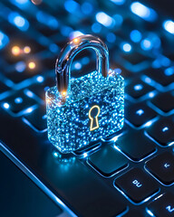 Glowing padlock with a keyhole on a computer keyboard, suggesting digital security and online data protection.