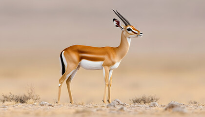 Gazelle in savanna, alert, watching, searching, alone. For brochures or editorials