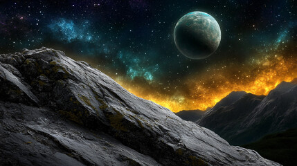 Rocky mountain landscape under a starlit sky with a planet and golden nebulae.