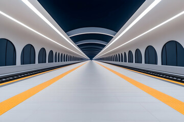 Obraz premium Futuristic subway station with symmetrical architecture, rail lines, and geometric lighting