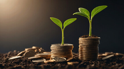 Two green plants grow from stacks of coins placed on soil, with additional coins scattered around, symbolizing financial growth.
