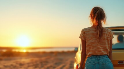 An introspective image capturing a woman standing beside a vintage car, gazing at a breathtaking sunset over a sandy landscape, evoking feelings of adventure and reflection.