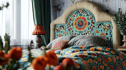 Colorful bohemian bedroom headboard with floral bedding, soft light, and tulips