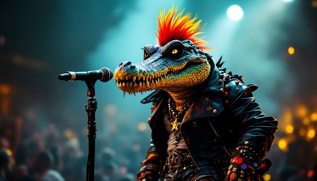 Alligator Punk Rocker Singing on Stage with Crowd and Microphone