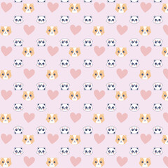 Cute Pattern with Guinea Pig and Panda Faces, Pink Hearts