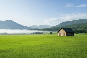 Obraz premium Serene landscape with a wooden cabin nestled in lush green fields and distant mountains