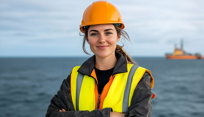 Female engineer smiles on platform, ship background, worker success, offshore job