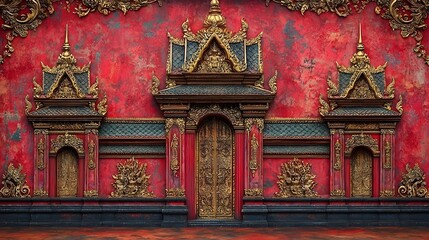 Fototapeta premium Luxurious Thai Temple Motif with Ornate Golden Patterns and Flowing Lines