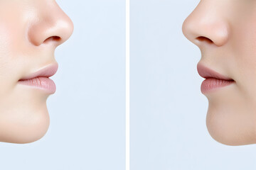 Obraz premium Female faces side view, before and after cosmetic surgery on a light background