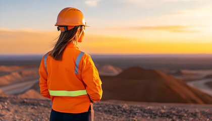 Female miner views sunset from site after shift. Mining safety at sunset background